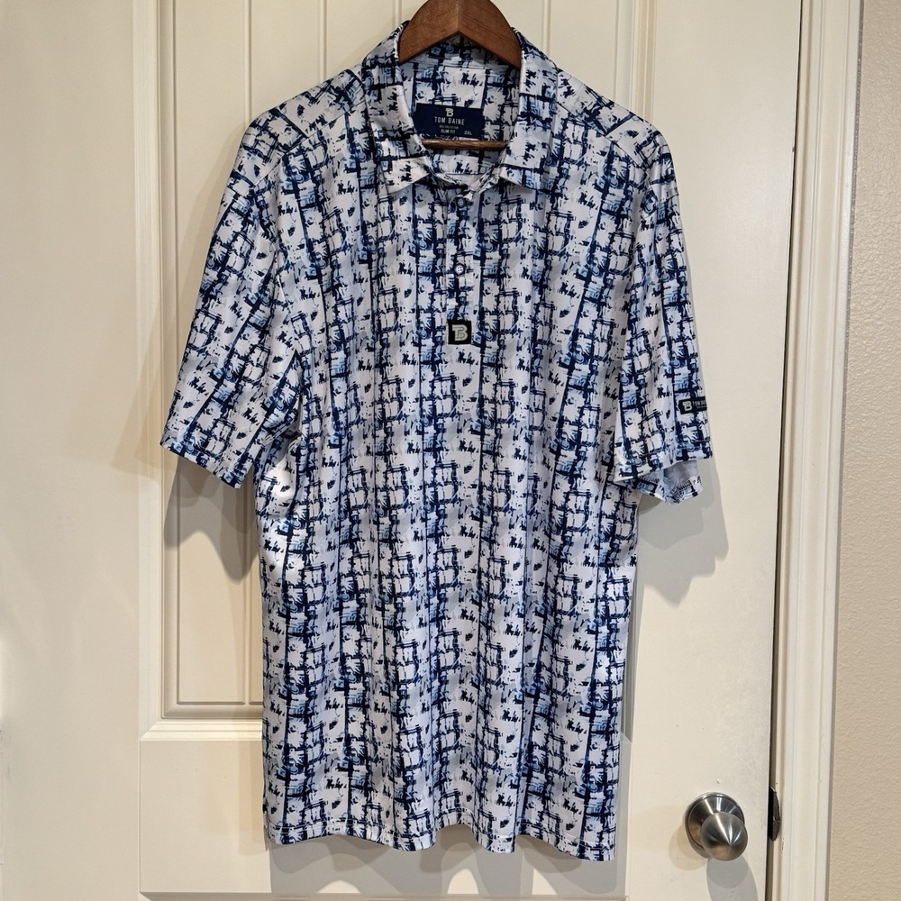 Tom Baine Golf Polo‎ Shirt Mens 2XL Blue White Abstract Print Stretch Slim Fit